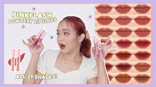 PINKFLASH POWDERY LIPGLOSS 21SHADES SWATCHES  phonycore 2022 Philippines [upl. by Ori431]